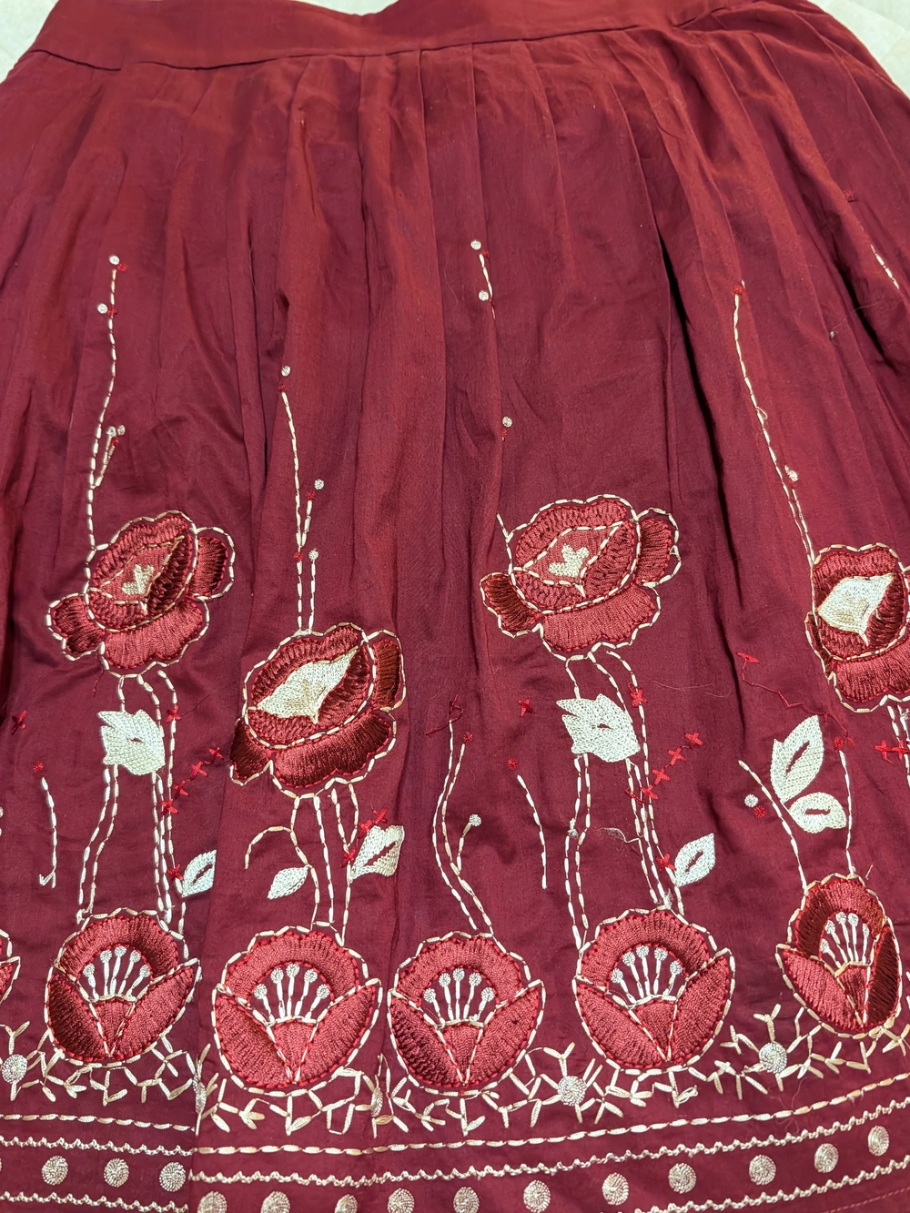 ANTONIO MELANI Deep Wine Embroidered Floral Midi Skirt